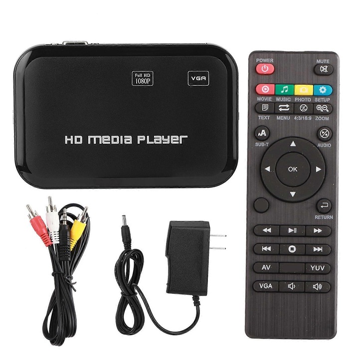 Мултимедиен плейър HD 3D-02, Full HD 1080P, HDMI/VGA/AV, поддържа HDD 2.5 инча/USB/SD, декодиране H.264/RMVB, IR дистанционно управление, Черен, 1 бр