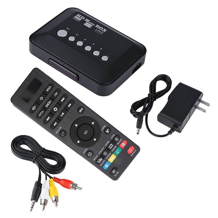 Médialejátszó HD 1080P, Médialejátszó doboz, HDMI 1.3, H.264/VC-1/MKV/AVI dekódolás, USB/SD/HDD 2.5'' támogatás, IR távirányító 12 m, Fekete, 11x8x2.5 cm