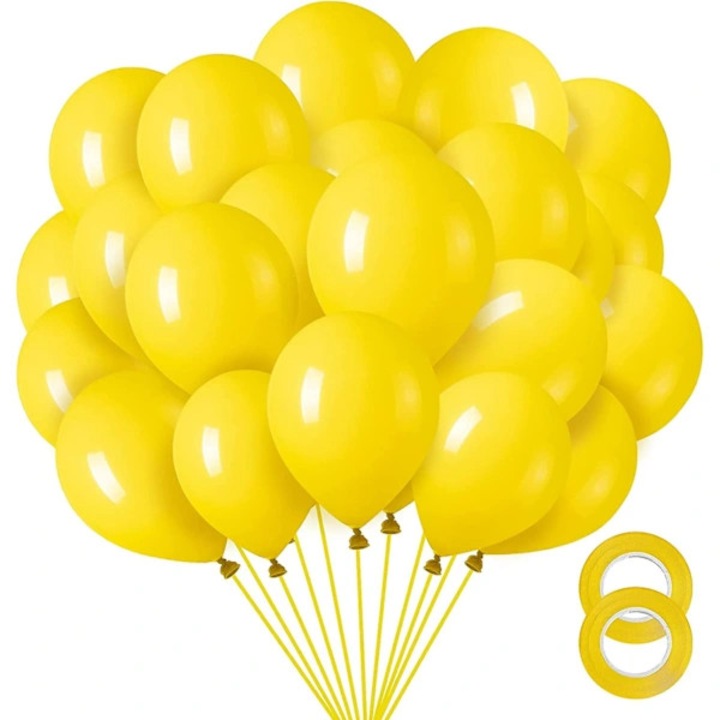 Lufi szett 12 inch, parti lufik, természetes latex, tartós, levegővel/héliummal tölthető, 2 tekercs sárga szalaggal együtt, sárga, 100 db