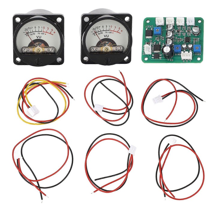 Set 2 bucati, VU Metru panou, cu iluminare de fundal calda si placa driver cu rezistoare ajustabile, sensibilitate ridicata, gama masurare 30-130 dB, negru/alb, 2 x VU + cabluri si conectori