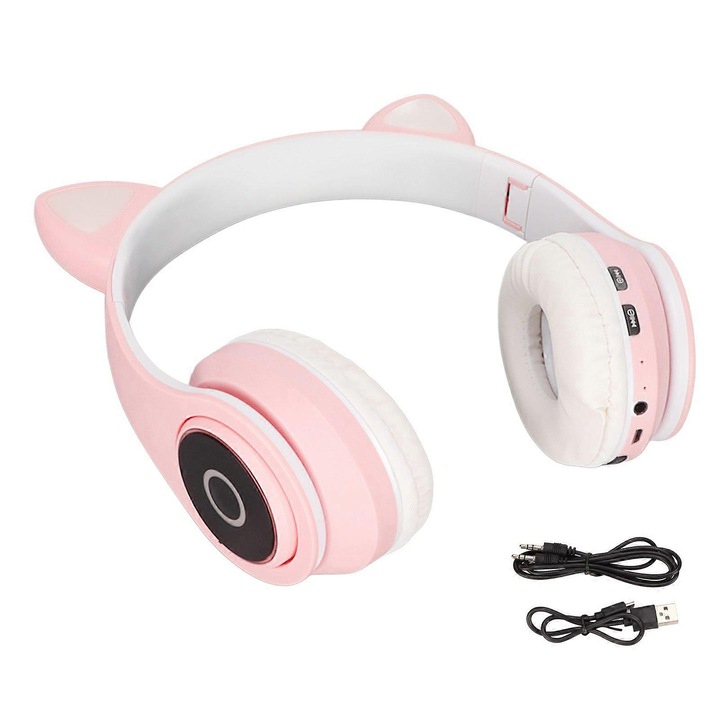 LXB39A vezeték nélküli fejhallgató/headset LED fülekkel, Bluetooth 5.0, 40mm-es hangszórók erőteljes basszussal, összecsukható, audio kábellel és töltőkábellel, Rózsaszín, 1 db