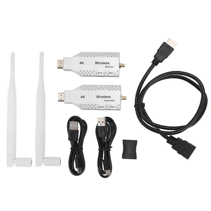 Vezeték nélküli HDMI videó hosszabbító, adó és vevő 4K 3840x2160@30Hz, plug and play illesztőprogramok nélkül, H.265 tömörítés, 5.8 GHz átvitel, alacsony késleltetés, fehér, 1 szett