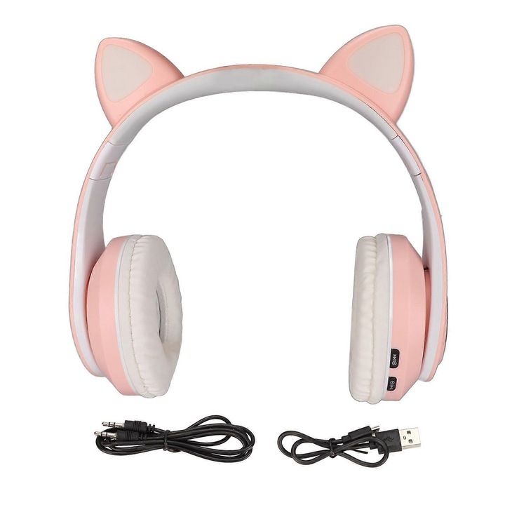 Cicafüles Bluetooth headset, légzés típusú LED világítás, összecsukható, erős basszus 40mm, Bluetooth 5.0, rózsaszín/fehér, 1 db