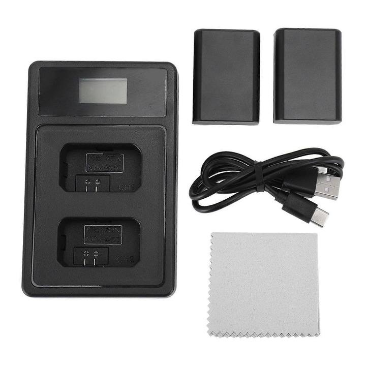 Acumulator NP FW50, set 2 buc, 7.2V 1850mAh cu incarcator dual USB LED, pentru ZVE10 ILCE 5000 6500 7M2 NEX C3 5T