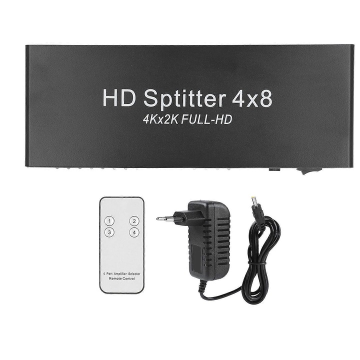 HDMI 4K elosztó 4 bemenet 8 kimenet alumínium távirányító 20m