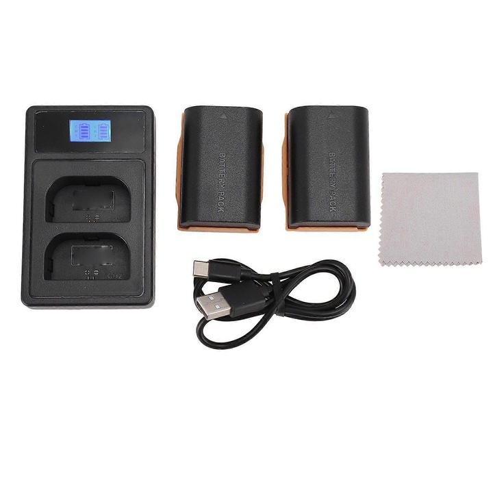 Set baterii camera cu incarcator LPE6, 2750mAh, incarcator dual USB cu afisaj LCD, compatibil R5/R6/90D/60D/70D/80D/5D/7D Mark II, Negru, 2 baterii + 1 incarcator