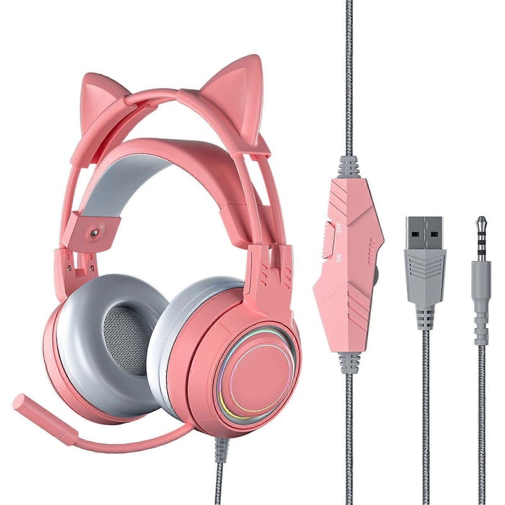 Casti gaming cu urechi de pisica detasabile, microfon omnidirectional cu reducere a zgomotului, cupe over-ear captusite, cu fir USB/3.5mm, roz, 1 buc