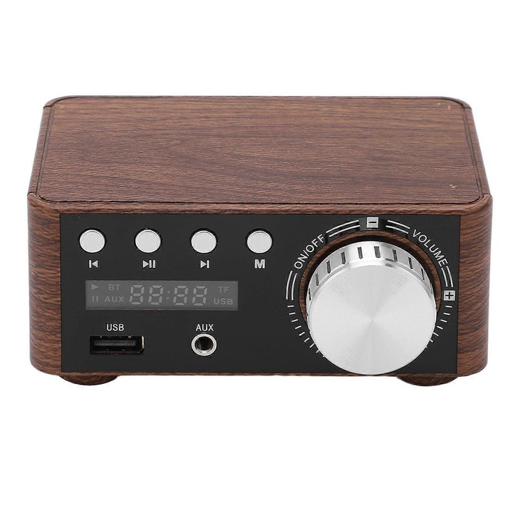 Mini Bluetooth 5.0 erősítő, 2x50W, fa, 110x90x50mm, barna/fekete