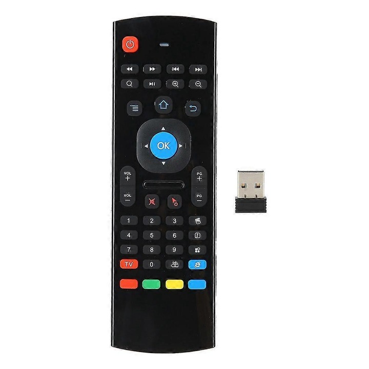 Telecomanda Air Mouse Double Sides Motion Sensing, tastatura wireless 2.4G integrata, senzor 6 axe pentru control prin miscare, functie mouse si IR cu invatare, negru, 1 buc