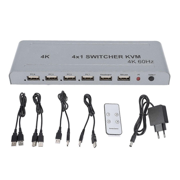 Multimédia KVM kapcsoló 4x1, 4K 60Hz és HDCP 1.4 támogatás, többnézetes osztott képernyős módokkal és IR távirányítóval, Ezüst, 1 db