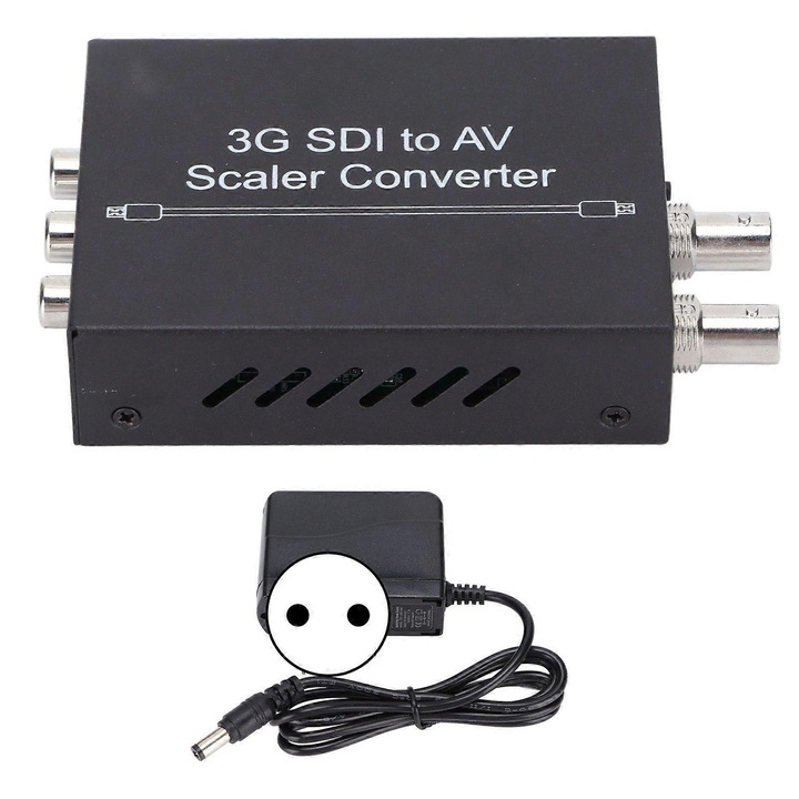 3G SDI-AV átalakító F001, HD/3G SDI konverzió kompozit videóvá és sztereó hanggá, automatikus videó mód érzékelés, PAL/NTSC kompatibilis, Fekete, 1 db