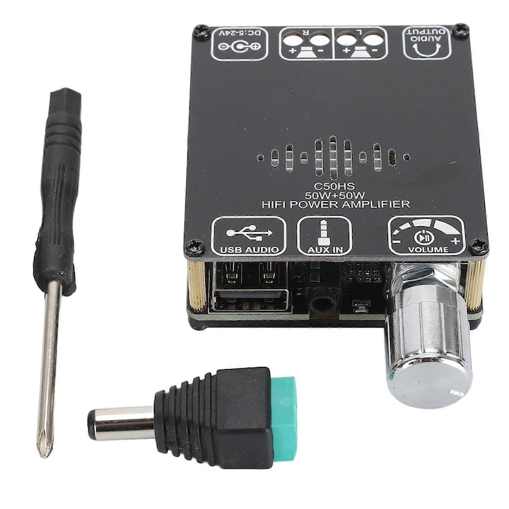 Bluetooth erősítő panel C50HS TPA3116D2, 50W+50W, Bluetooth 5.0, AUX/USB/USB audio bemenetek, túlfeszültség/alacsony feszültség/túlmelegedés/rövidzárlat védelem, Fekete, 5-24V, 1 db
