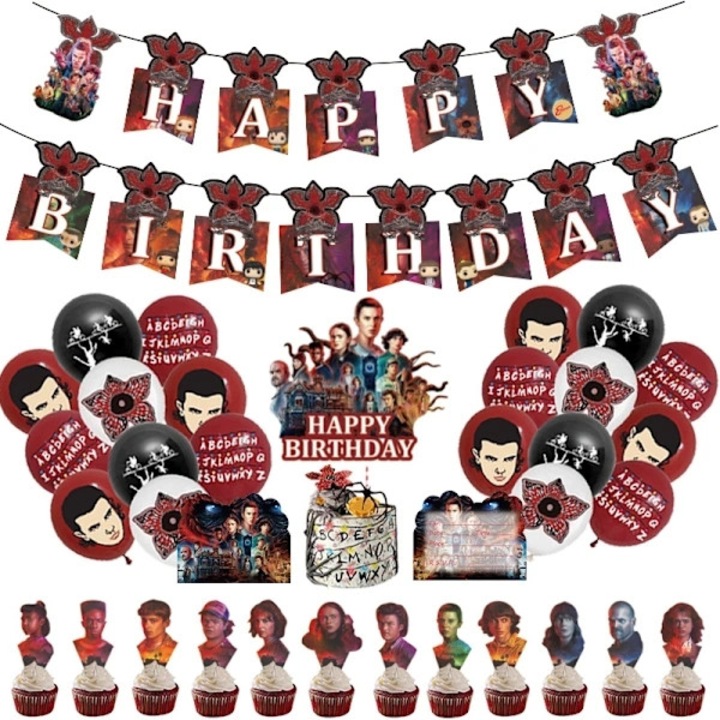 Комплект декорации за парти Stranger Things, с банер 'Happy Birthday' и латексови балони, топер за торта и топери за мъфини, Многоцветен