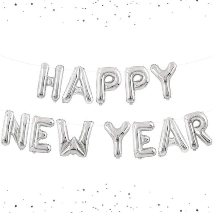 Set 4 bucati, baloane cifre 2025 pentru banner Happy New Year, folie mylar, reutilizabile, pentru aer si heliu, argintiu