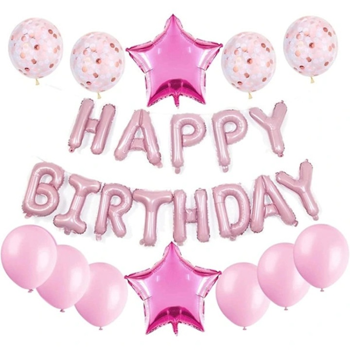 Set baloane la multi ani pentru petrecere, foil si latex, reutilizabil, banner 16 litere, 2 stele 18 inch, 6 baloane perla 12 inch, 4 baloane confetti 12 inch, roz