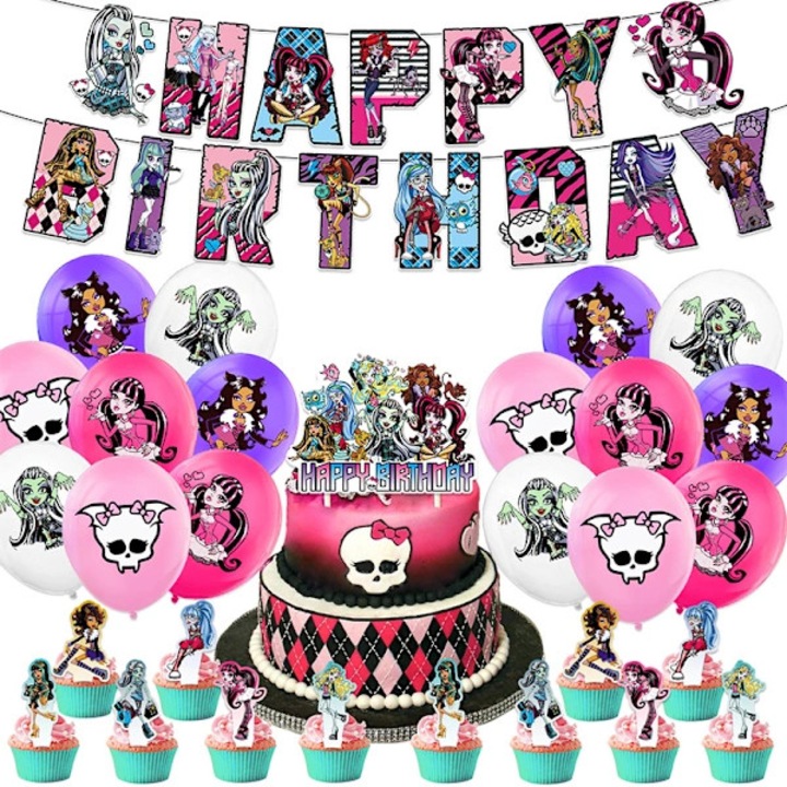 Комплект декорации за рожден ден Monster High, банер "Честит рожден ден" и отпечатани балони, топери за торти и кексчета, многоцветен, пълен комплект
