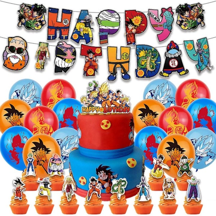 Set decoratiuni petrecere Dragon Ball Super Saiyan, banner happy birthday 1 buc, baloane latex 16 buc, topperi cupcakes 12 buc, decor tort 1 buc, multicolor