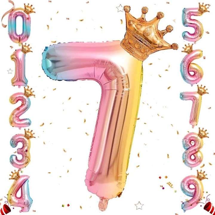 Balon folie numar 7, din folie de aluminiu, umflabil cu heliu sau aer, sigilare automata si coroana decorativa, multicolor, 81 cm, 1 buc