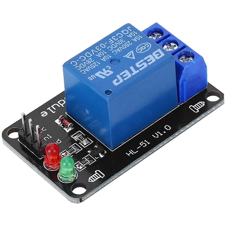 Modul releu 1 canal HL-51, 250V AC/10A, 30V DC/10A, activare la nivel scazut, fara optocuplor, Negru/Albastru, 1 buc