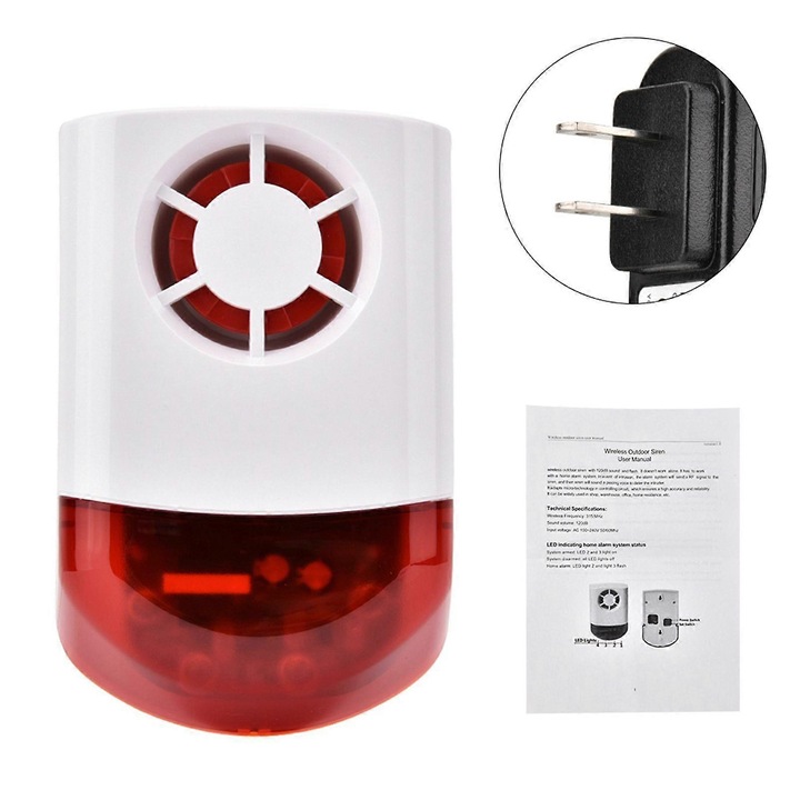 Vezeték nélküli kültéri sziréna 433MHz, 120dB hangriasztás, villogó fénnyel és 7.4V 400mAh újratölthető akkumulátorral, Fehér/piros, 1 db