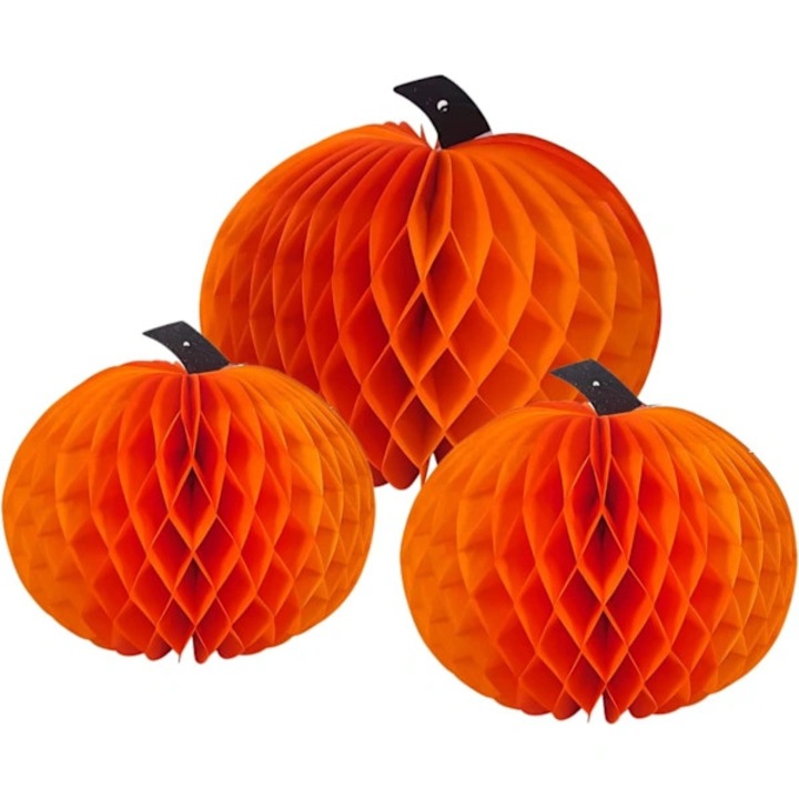 Set 3 decoratiuni dovleac din hartie 3D, portocaliu, pentru masa, 20x20x20cm