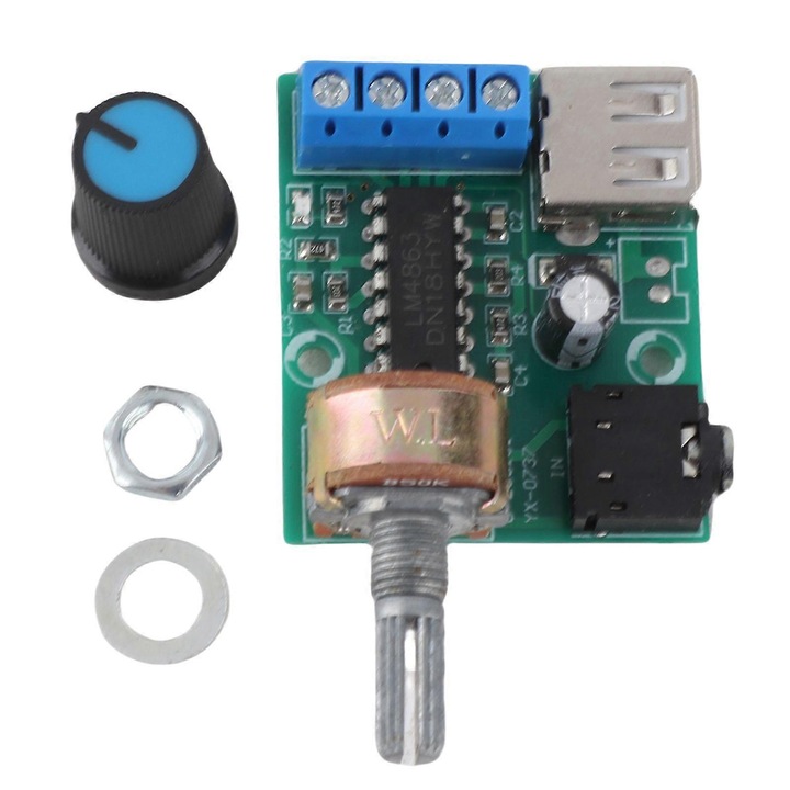 PM2038 USB audio erősítő panel, kettős BTL erősítő modul, max. 5W teljesítmény (3.5W 6V/4Ω esetén), DC 2-6V működés, túlmelegedés elleni védelemmel, zöld, 1 db