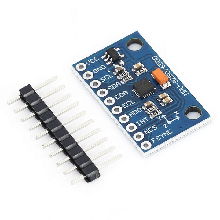 MPU-9250 GY-9250 érzékelő modul, 9 tengelyes (3-tengelyes giroszkóp, 3-tengelyes gyorsulásmérő, 3-tengelyes magnetométer), 16-bites AD konverter, I2C, 3-5V tápellátás, kék, 1 modul + 10 tűs header