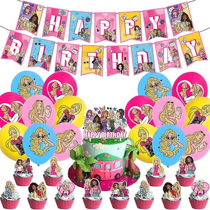 Set decoratiuni petrecere copii baloane banner tort roz Barbie