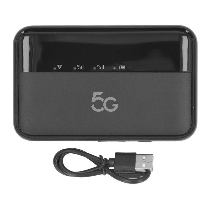 Hotspot mobil 5G WiFi6, hordozható router utazáshoz, akár 16 eszköz támogatása, 10000mAh akkumulátor, USB-C töltés, Nano SIM foglalat, Fekete