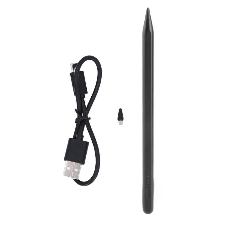 Stylus capacitiv pentru tableta si telefon, cu incarcare Type-C, varf POM inlocuibil, adsorbtie magnetica, indicator baterie 3 LED, 130mAh, Negru, 1 buc