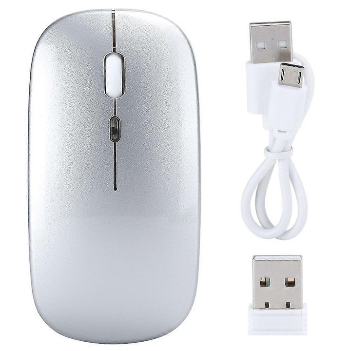 Vezeték nélküli egér M40, újratölthető 500mAh, 2.4G átvitel akár 10m-ig, többszínű LED, 3 DPI fokozat 800/1200/1600, ezüst, 1 db