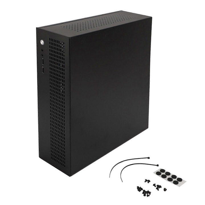 PC ház mini ITX/mATX, kompakt acél ház, SSD támogatás x2 és HDD x1, előlapi USB 2.0, 80mm ventilátor x2, kompatibilis 245x245mm alaplappal és 180mm videokártyával, Fekete, 1 db