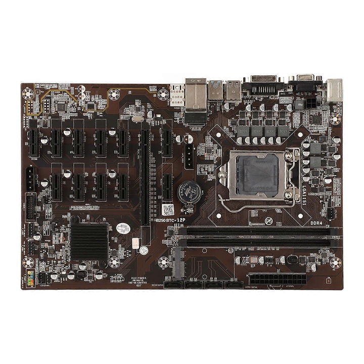 Дънна платка B250 BTC-12P за майнинг, 12 x PCIe за 12 GPU, 2 x DDR4 DIMM (макс. 16GB), 4 x SATA3.0, M.2, LGA1151, Кафяв, 1 бр.