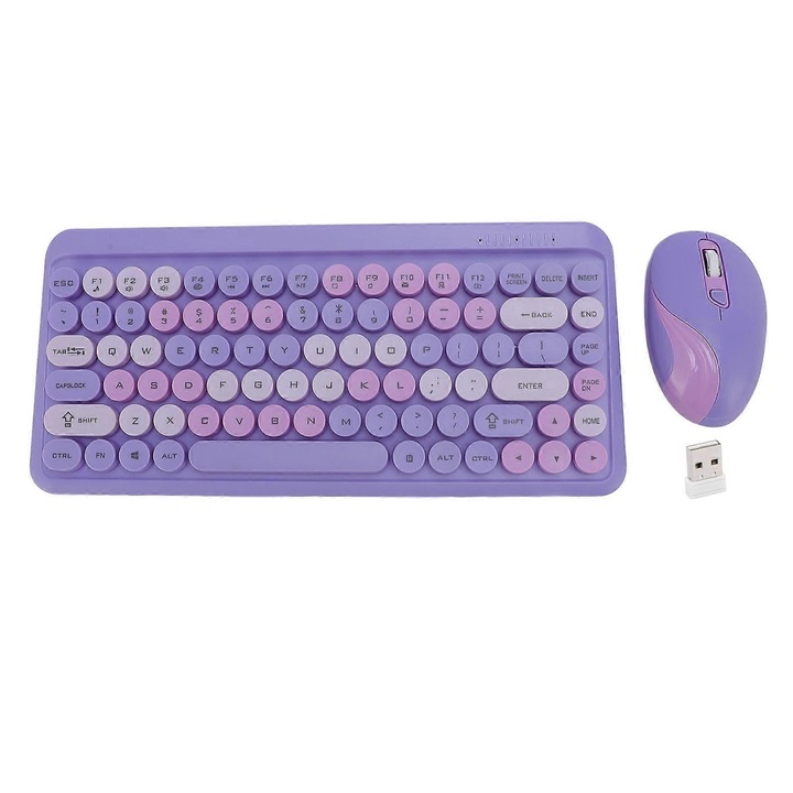 Set tastatura si mouse wireless 2.4G, retro, mov fumuriu, 10m, ABS