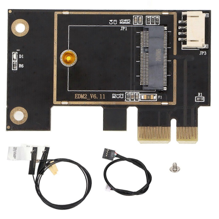 NGFF M.2 hálózati kártya adapter PCIe EDM2 V6.11-re, riser vezeték nélküli kártyához, könnyen telepíthető plug and play, tartalmaz adapterkábelt és 2 nagy nyereségű antennát, fekete, 1 szett