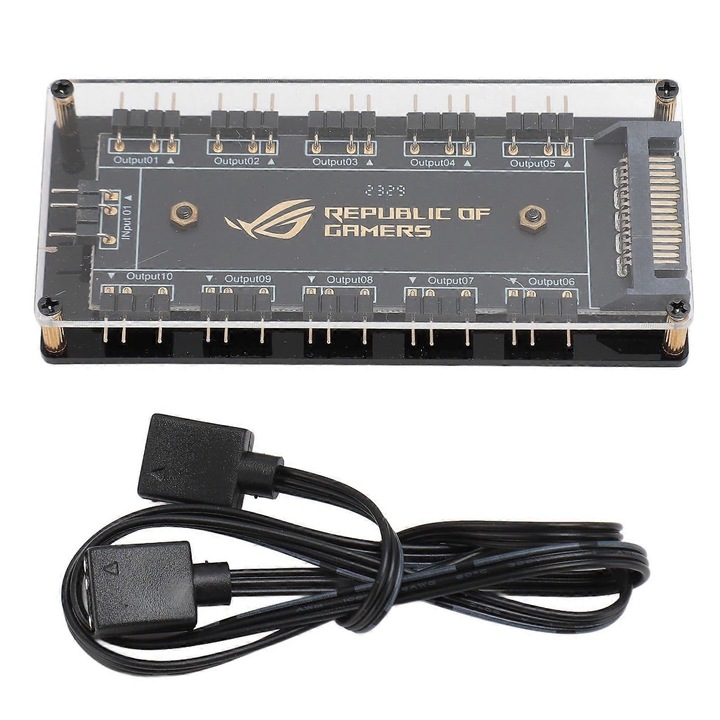 Hub ARGB 5V 3-pin eMAG-CJ18-fr2608211549, splitter 10 porturi, intrare 5V 3-pin, alimentare SATA, cablu 52 cm, negru/transparent