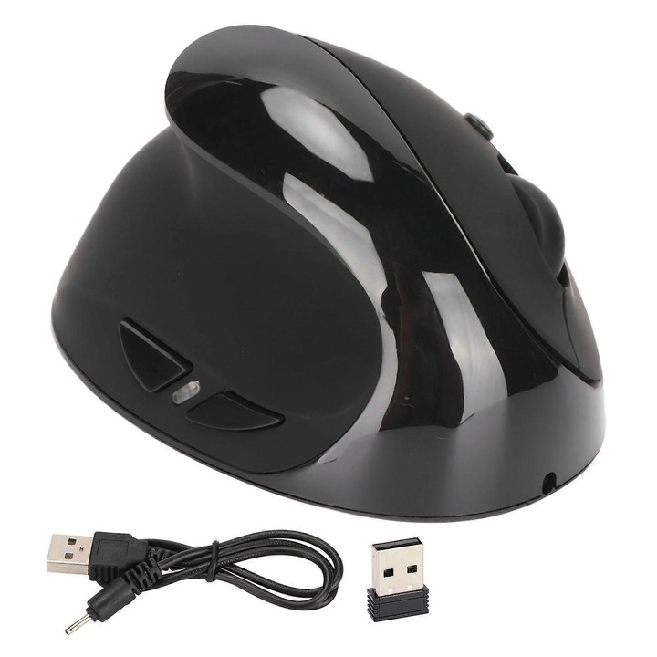 Egér függőleges ergonomikus balkezeseknek, vezeték nélküli 2.4GHz, állítható DPI 800/1200/1600, újratölthető 110mAh kábellel és USB adapterrel, fekete, 1 db
