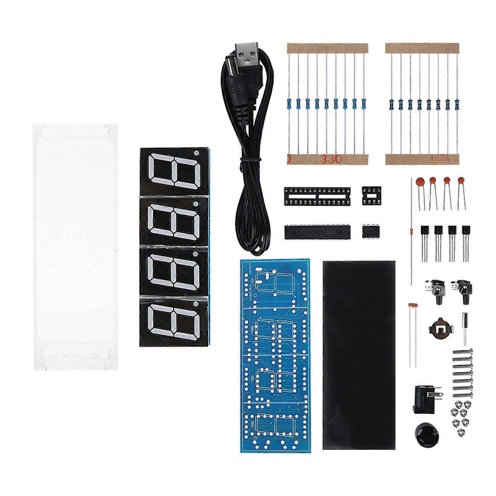 Kit ceas digital DIY, afisaj LED 4 cifre, afisare automata timp, temperatura si data, cu control de lumina si carcasa transparenta, rosu, 1 buc