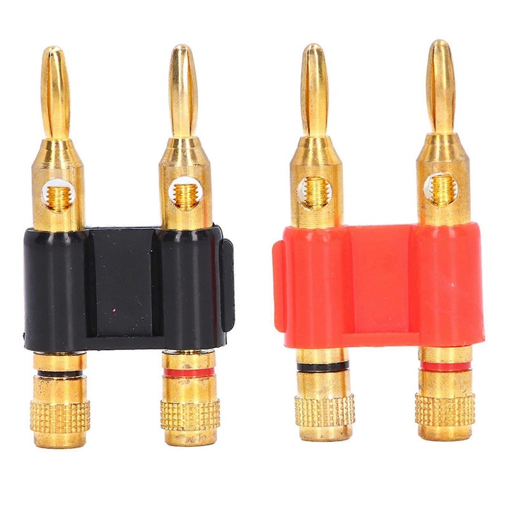 Set 2 bucati, conector banana dublu, stackabil, din alama placat cu aur, compatibil 12-18 AWG, 32A 1000V, negru/rosu, 1 x negru, 1 x rosu