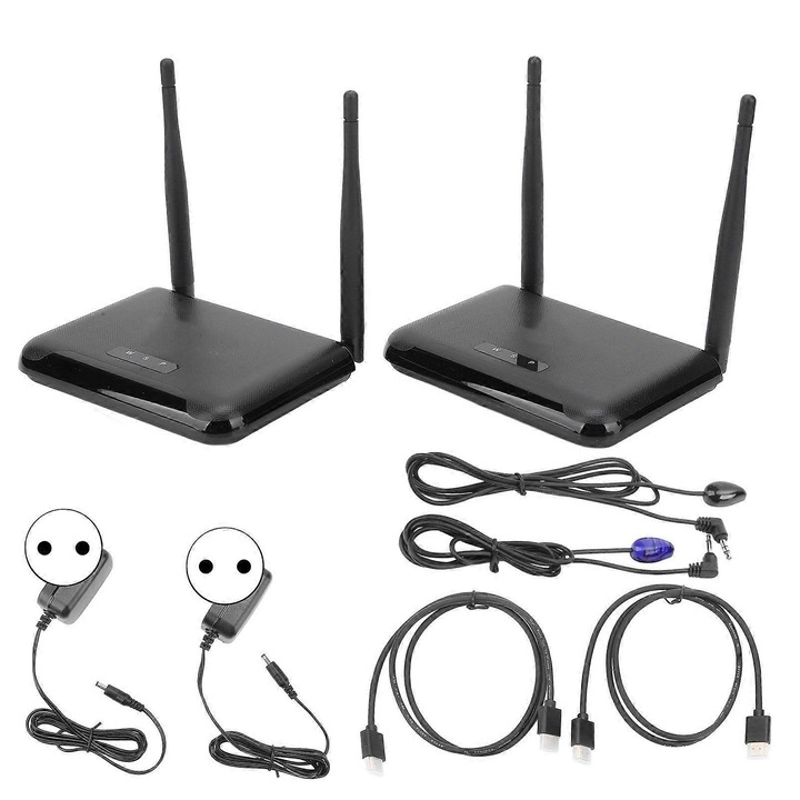 Extender HDMI wireless BIN 850, transmisie pana la 150 m, suport 3840x2160@30Hz si 1920x1080@60Hz, include transmitator si receptor, suport IR extindere, Negru, Set 1 transmitator + 1 receptor