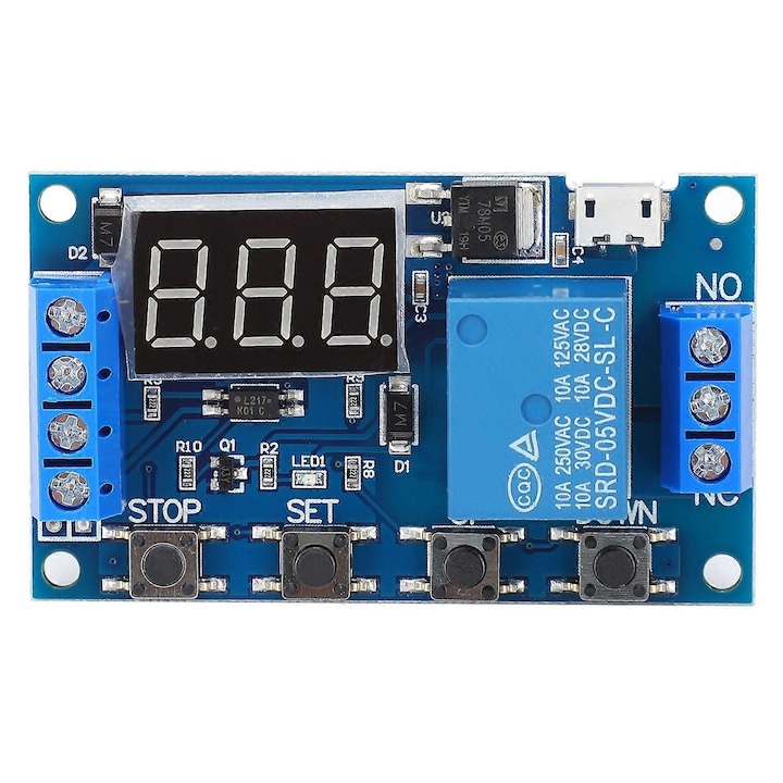 Modul releu temporizator, placa de temporizare 6-30V cu micro USB 5V, izolare optocuplor, interval temporizare 0.1s-999min, control DC30V/5A sau AC220V/5A, Albastru, 1 buc