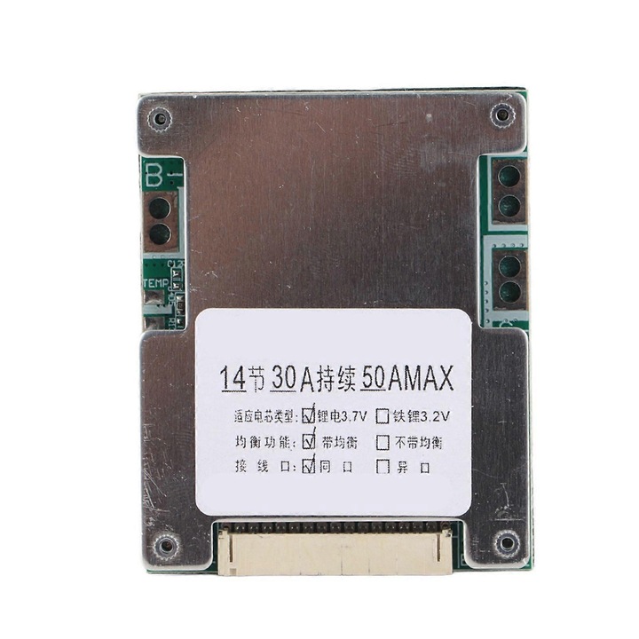 Placa protectie baterie BMS 14S 50V 30A, cu balansare si protectii la supraincarcare, supradescarcare, supracurent si scurtcircuit, disipare termica cu aripa din aluminiu, argintiu, 1 buc