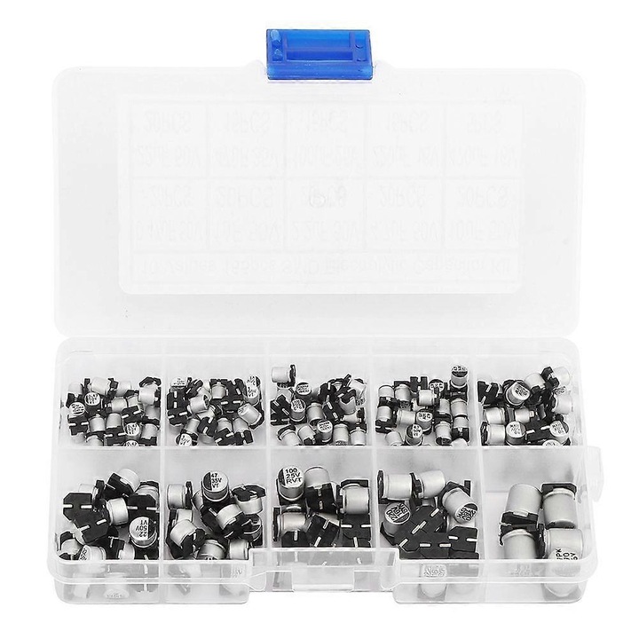 Set 165 bucati condensatori electrolitici SMD din aluminiu, 0.47µF–470µF, 16V–50V, cutie organizatoare transparenta, argintiu/negru