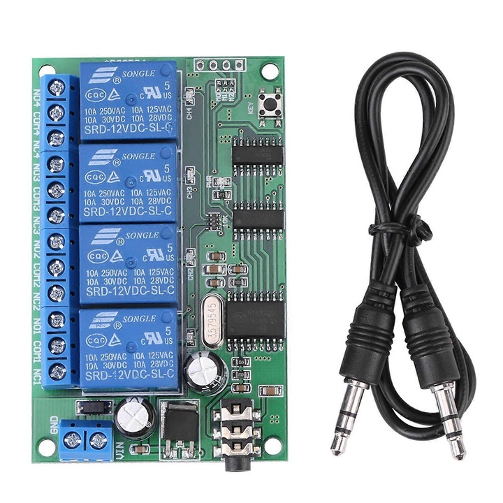 DTMF jel dekóder modul 4 relével AD22B04, 12V DC tápellátás fordított polaritás védelemmel, DTMF telefonos vezérlés, 8 üzemmód és 5/20/60/120/250s késleltetés, max. 10A (250VAC/30VDC), zöld, 1 db