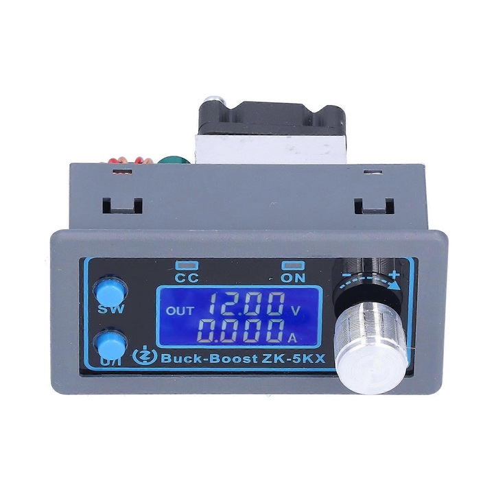 Modul regulator/convertor DC-DC Buck-Boost programabil ZK-5KX, reglabil 0.5-30V, curent 0-4A, afisaj digital si protectii anti-inversare, negru/gri, 1 buc