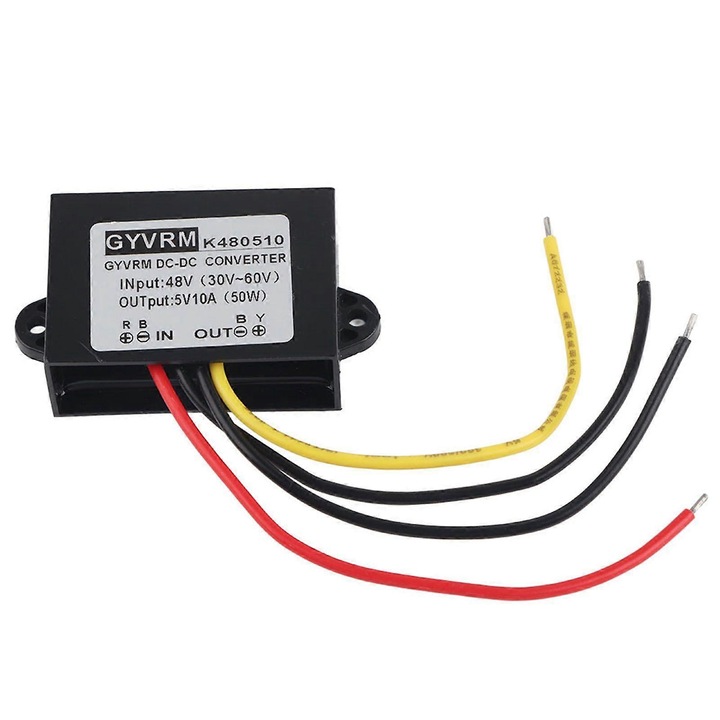 Modul convertor DC-DC step-down GYVRM-K480510, iesire 5V 10A (50W), intrare 30-60V (36/48V), protectii supratensiune/supracurent/supraincalzire/scurtcircuit, Negru, 1 buc