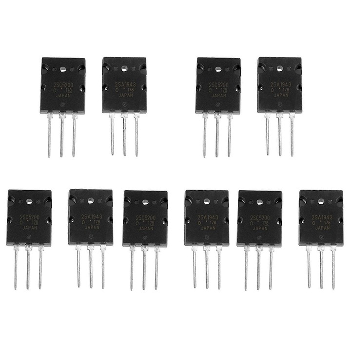 Set 10 bucati tranzistori audio 2SA1943/2SC5200, 5 perechi, de mare putere, siliciu, negru