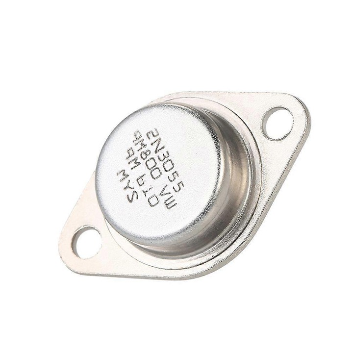 Set 5 bucati, transistori de putere 2N3055 NPN TO-3, curent 15A, tensiune colector-emitor 100V, otel inoxidabil, argintiu