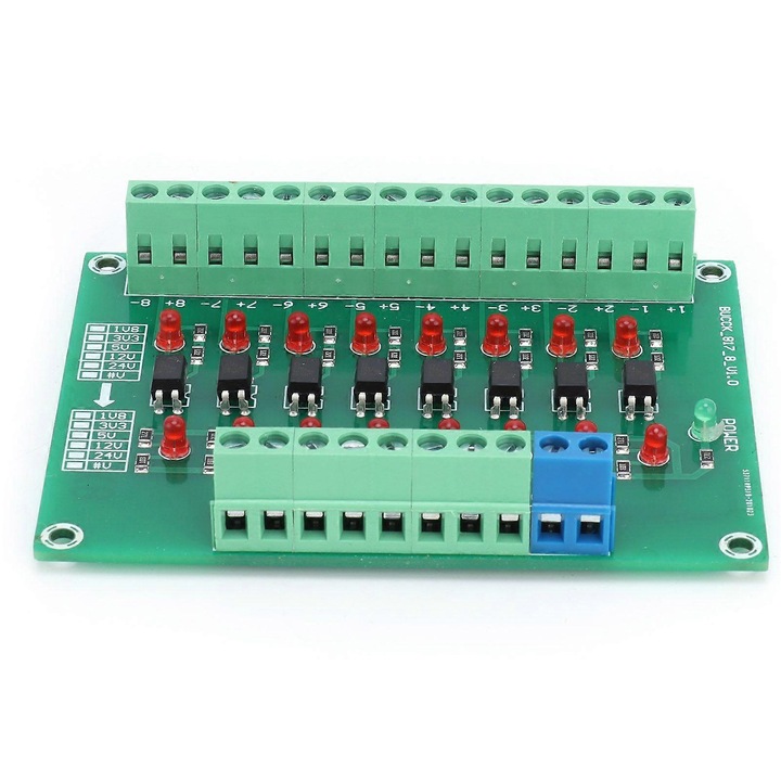 Optikai leválasztó modul / DST1RBPN jelátalakító, 8 csatornás, 20 kHz kapcsolási frekvencia, 12V-ról 3.3V-ra szintátalakítás, Zöld, 1 db