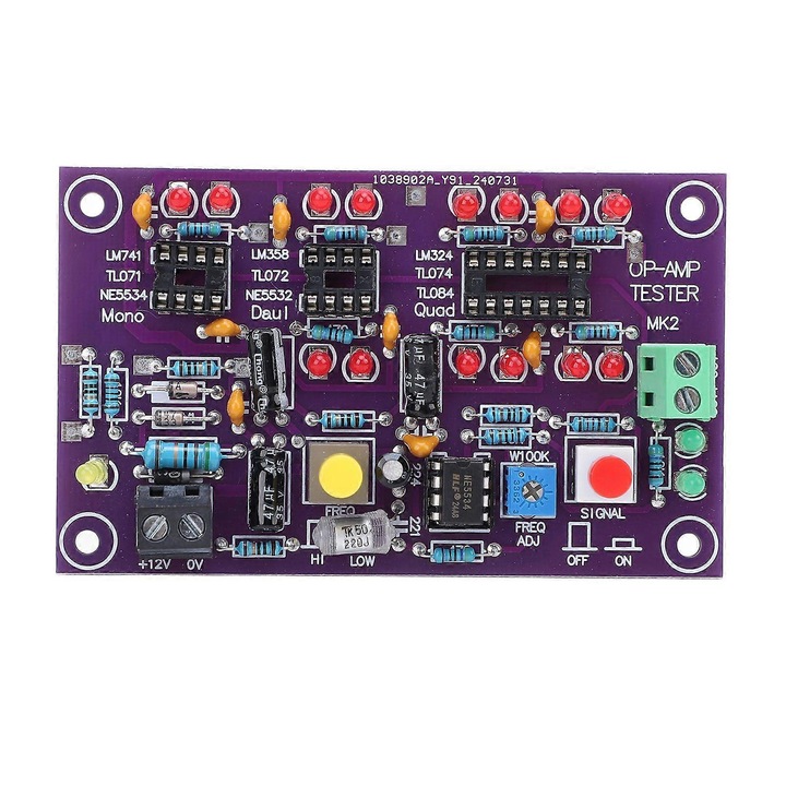 MK2 műveleti erősítő tesztpanel, mono/dupla/quad op-amp-hoz, DC12V tápellátás, LED kijelző teszteléshez, statikus árammérő terminál, Lila, 1 db